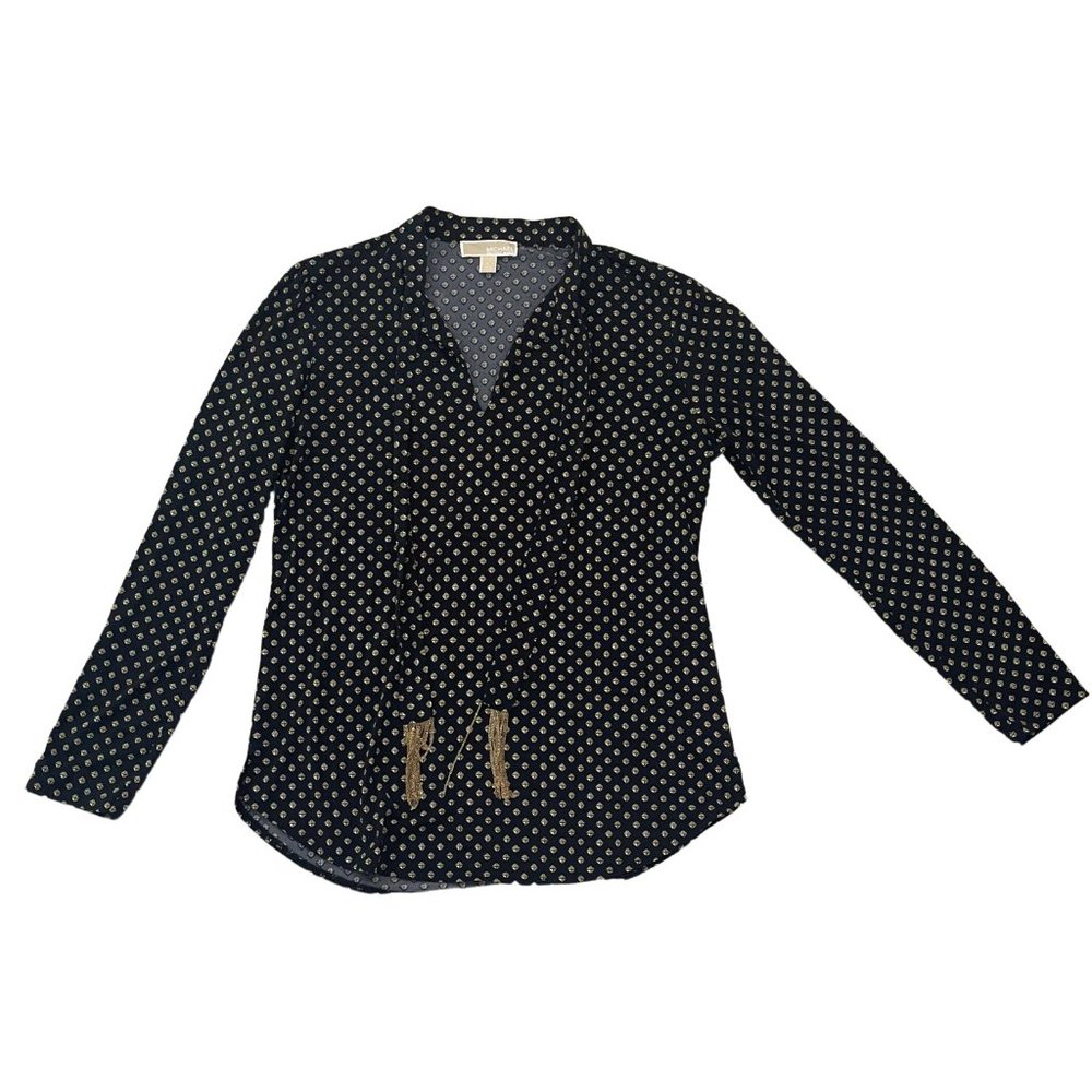 Michael Kors Womens Long Sleeve Blouse Black Gold Tassle Large Tie Tunic